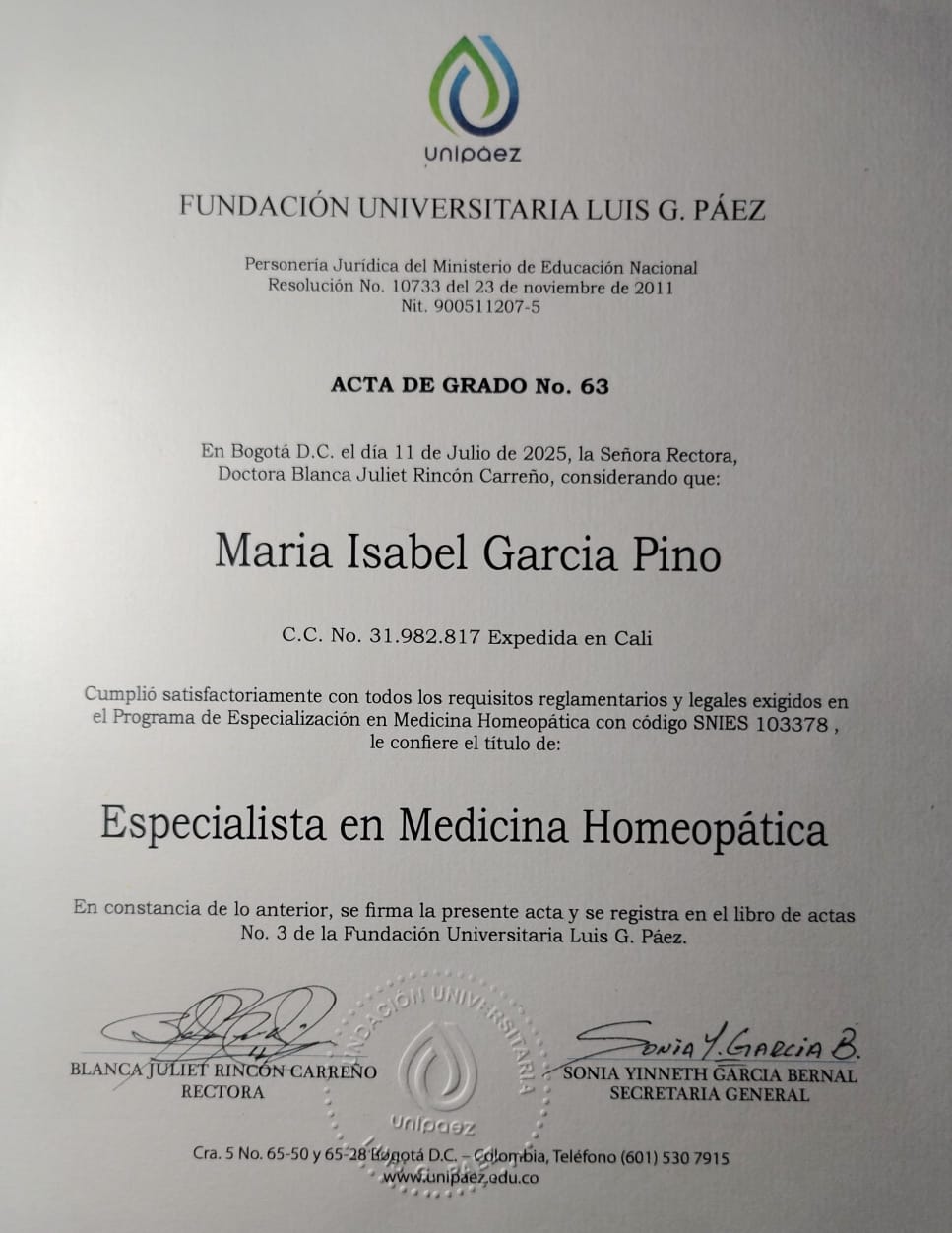 Acta de Grado Especialización en Medicina Homeopática - Dra. María Isabel García