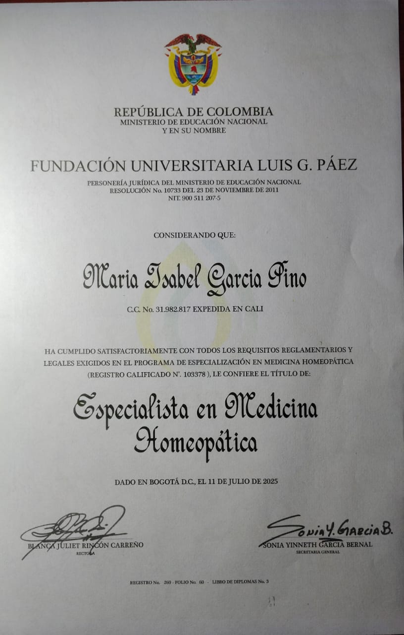 Diploma Especialista en Medicina Homeopática - Dra. María Isabel García