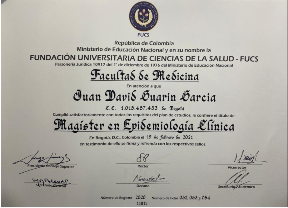 Diploma Dr. Juan David Guarín 1