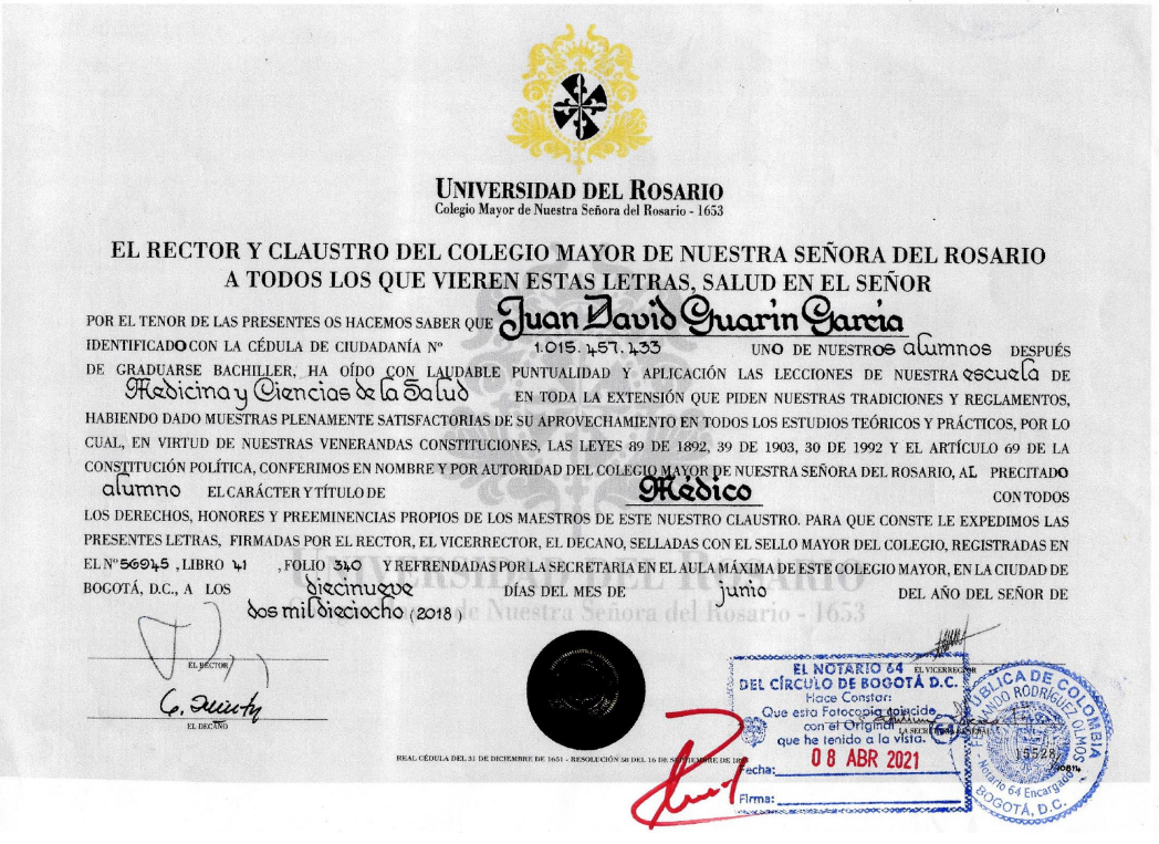 Diploma Dr. Juan David Guarín 2